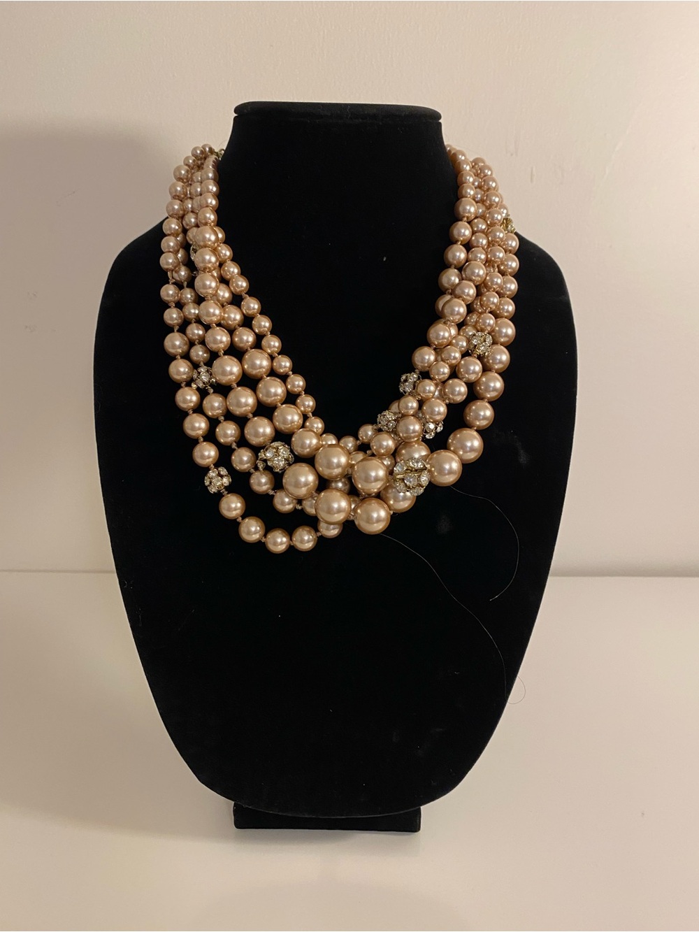 Champagne Multi-Strand Pearl and Rhinestone Necklace